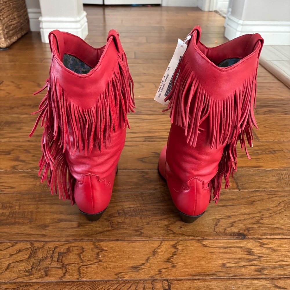 NWT Vintage 1980s Dingo Red Leather Boots with Fringe Women's US Size 7.5 - Picture 3 of 7